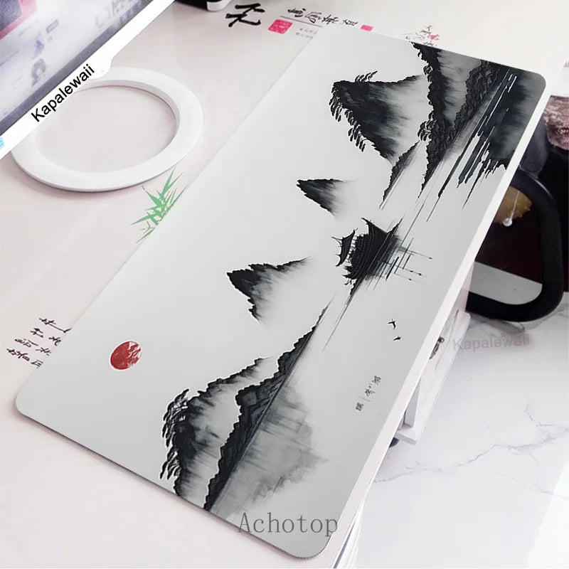 Black and White Laptop Gamer Mousepad Gaming Mouse Pad Ink and Wash Large Rug Locking Edge Keyboard 100X50Cm Desk Mat for CSGO