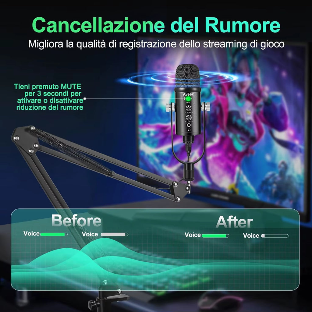 Gaming USB Microphone,Noise Cancellation Condenser Mic for Pc,Podcast Microphone,With Boom Bracket,For Gaming,Podcasting