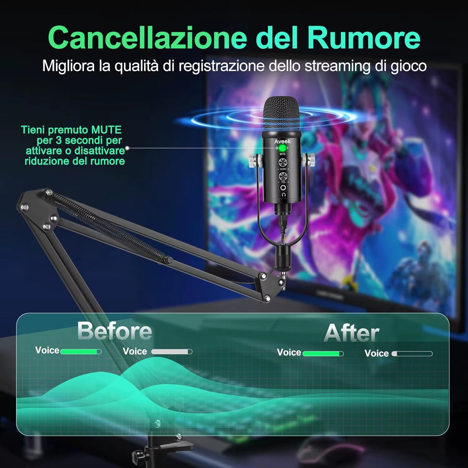 Gaming USB Microphone,Noise Cancellation Condenser Mic for Pc,Podcast Microphone,With Boom Bracket,For Gaming,Podcasting