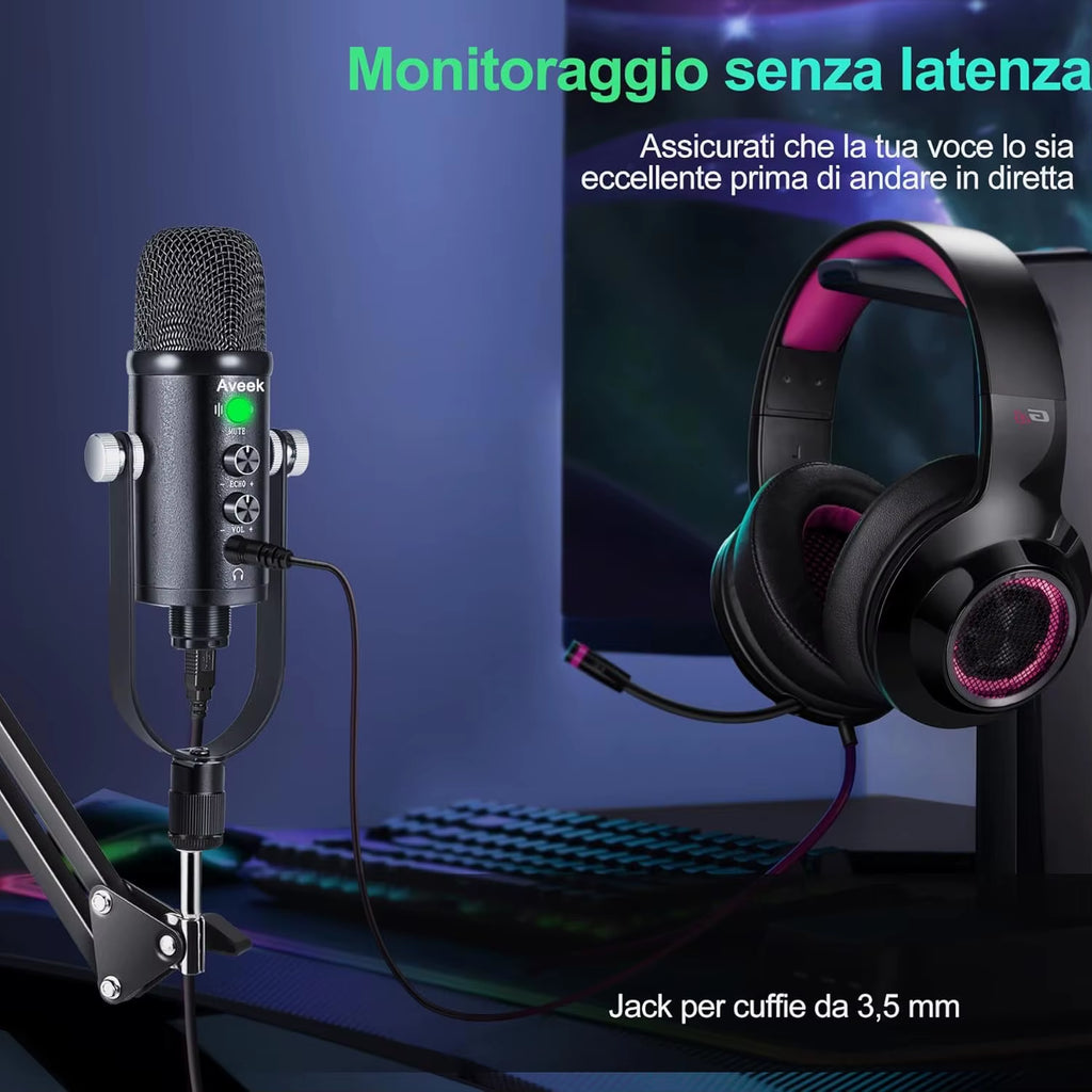 Gaming USB Microphone,Noise Cancellation Condenser Mic for Pc,Podcast Microphone,With Boom Bracket,For Gaming,Podcasting