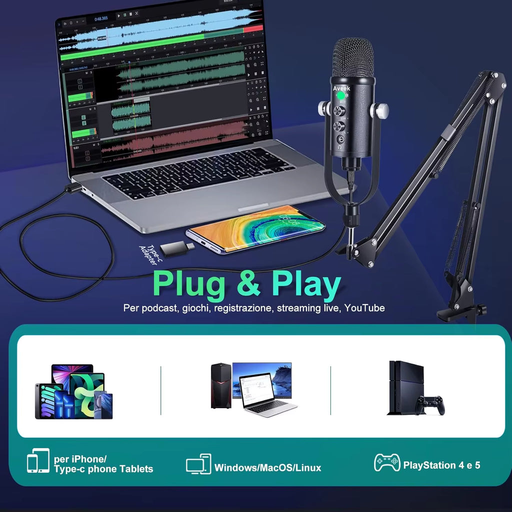 Gaming USB Microphone,Noise Cancellation Condenser Mic for Pc,Podcast Microphone,With Boom Bracket,For Gaming,Podcasting