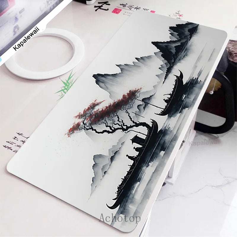 Black and White Laptop Gamer Mousepad Gaming Mouse Pad Ink and Wash Large Rug Locking Edge Keyboard 100X50Cm Desk Mat for CSGO